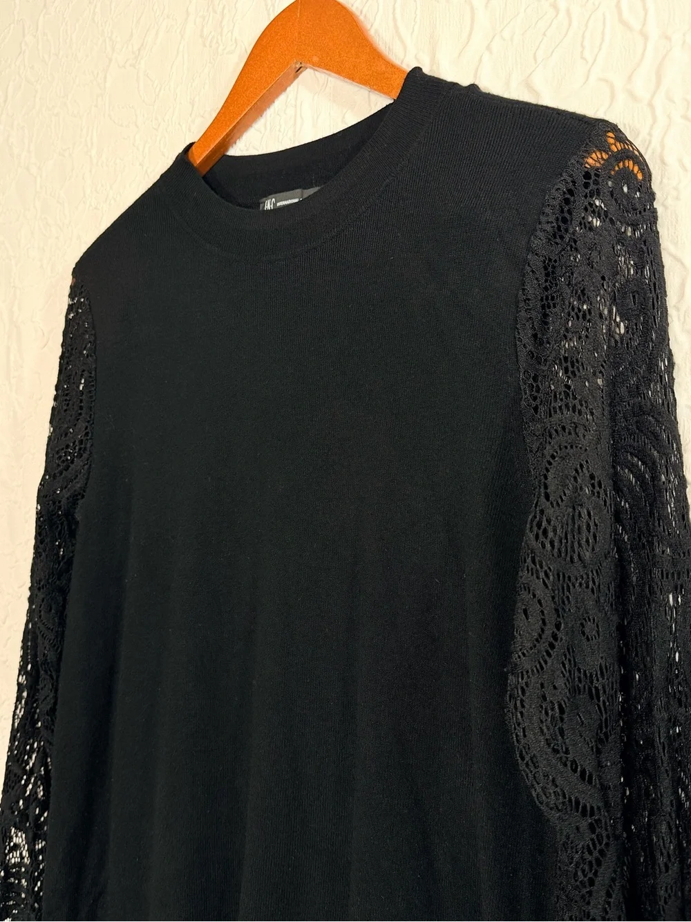 INC International Concepts Black Tunic Lace Sleeve Gold Button Sweater Sz XL